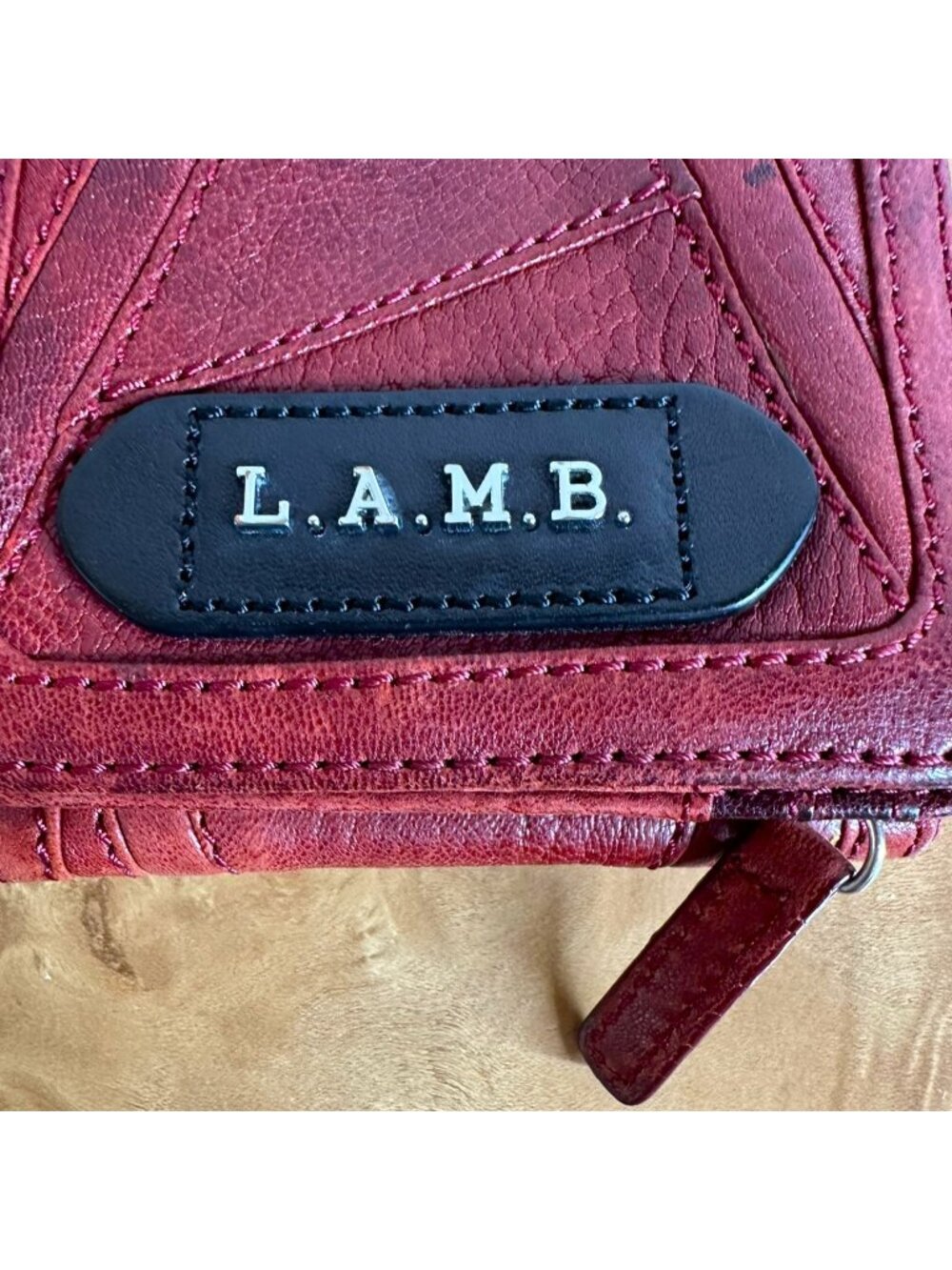 L.A.M.B. by Gwen Stefani Maroon Patchwork Leather Bifold Wallet Zip Coin Purse - Picture 2 of 8